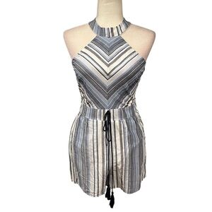 Crystal Sky Cotton Striped Halter Shorts Romper Blue White